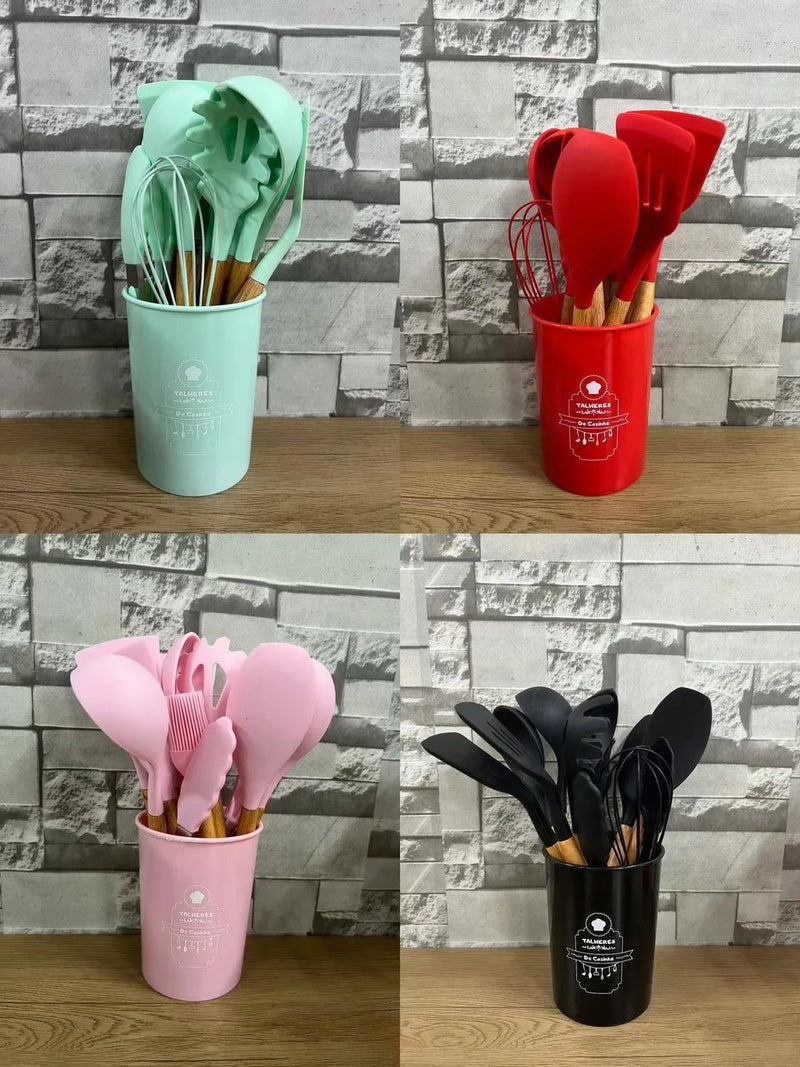 Kit 12 utensílios de cozinha em silicone cabo de madeira