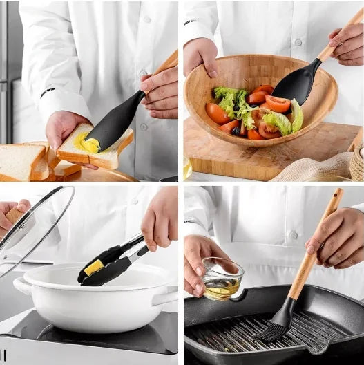 Kit 12 utensílios de cozinha em silicone cabo de madeira