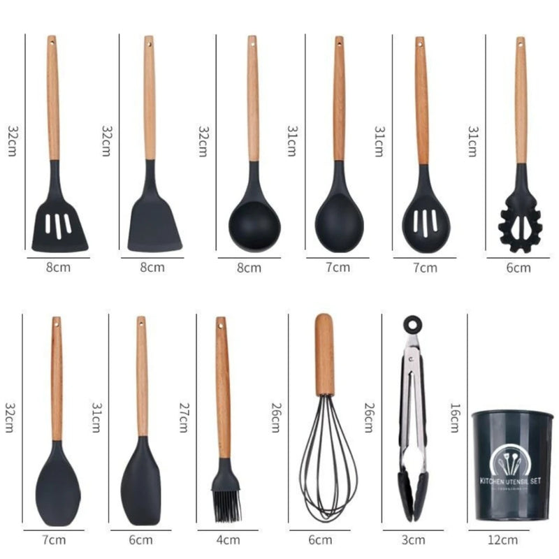 Jogo de Cozinha Kit C/12 peças de silicone, utensílios e copo suporte para cozinha cabo de madeira cor aleatória
