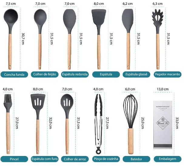 Kit 12 utensílios de cozinha em silicone cabo de madeira