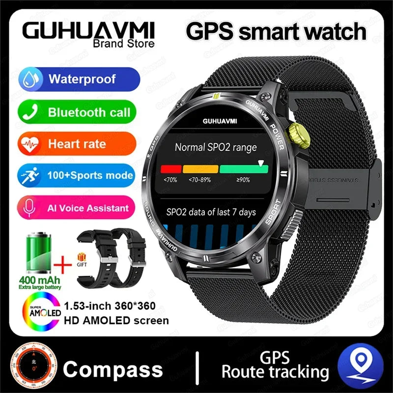 Relógio inteligente, GPS trajetória 1.5 "tela HD à prova d'água, bluetooth, chamadas, smartwatch masculino para android ios