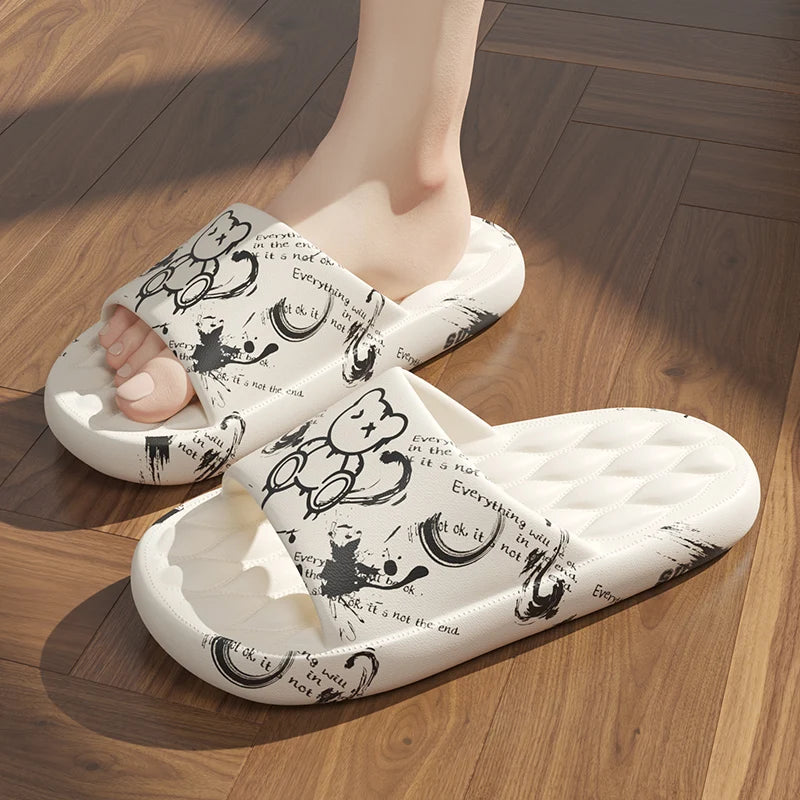 Chinelos Sola EVA Interior Aberto Toe Flip Flops Praia Slides Sandálias Rasas Impressão Desenho Animado Slide