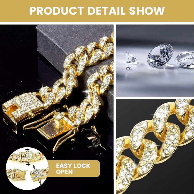 Coleira cubana de diamante para cachorro, metal com fivela segura