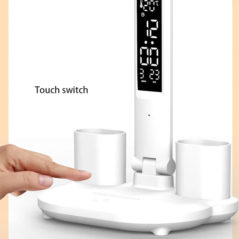 Lâmpada de mesa led multifuncional dobrável, com calendário e relógio. para quarto, leitura de cabeceira
