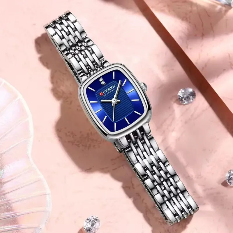 Relógio Curren feminino quartzo elegante mostrador quadrado pulseira de aço inoxidável - À prova d'água